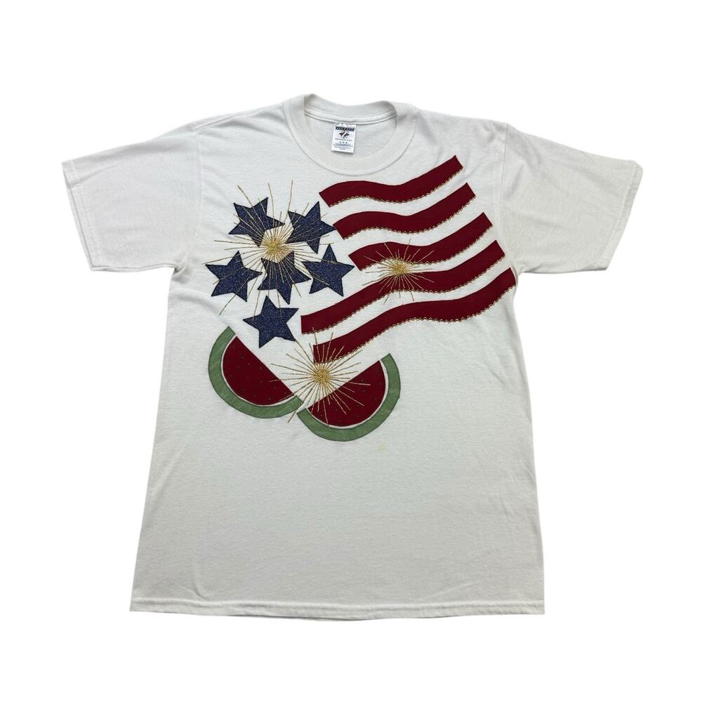 Vintage 4th of July Shirt Adult Medium M White American Flag Stars Watermelon
